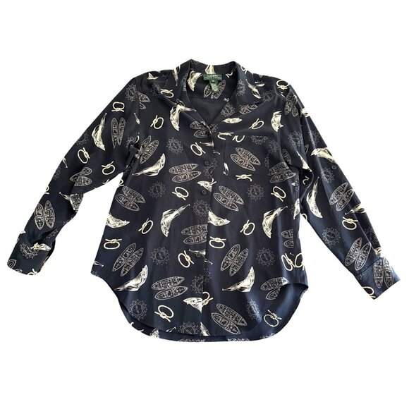 VTG Lauren Ralph Lauren 100% Silk Nautical Sailing Boat Blueprint Button Up Top - Picture 1 of 7